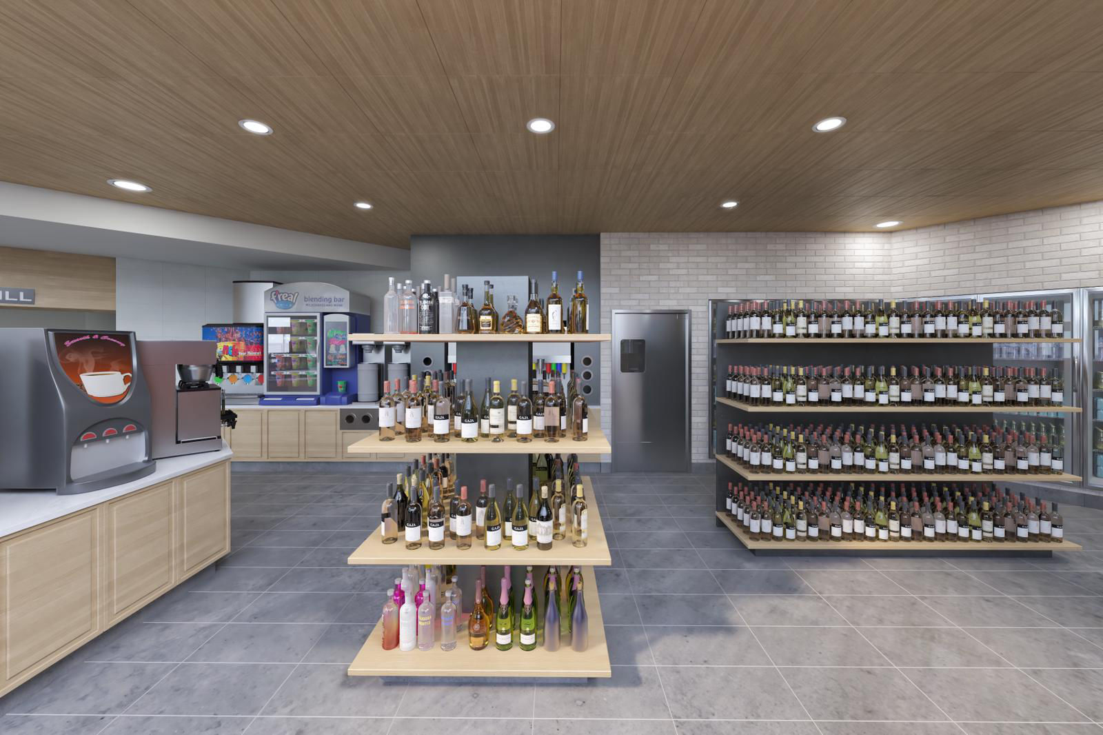 shelves with spirits at Neighbors Market & Spirits store